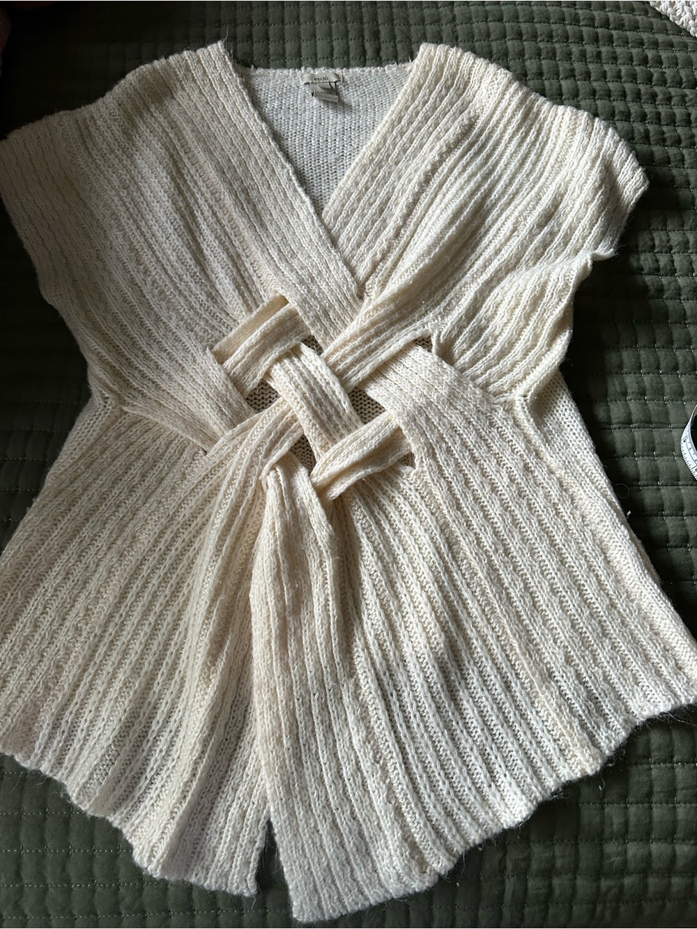Cream Ribbed Knit Wrap Sweater with Tie Front